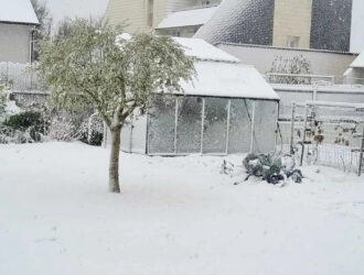 Serre de jardin en hiver sous la neige